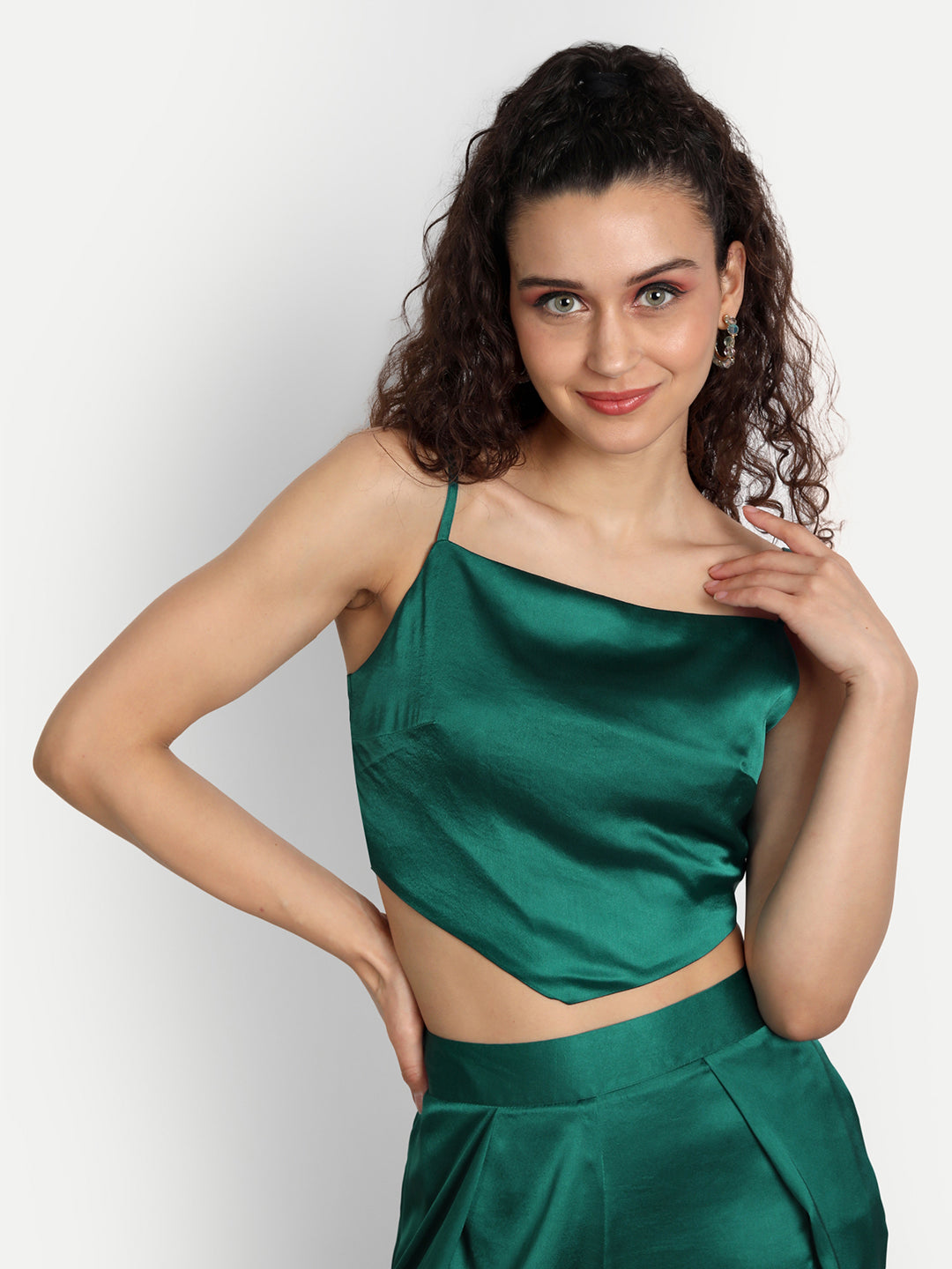 Essque Green Solid Satin Stylish Co-Ord Set - Essque Attire With Attitude