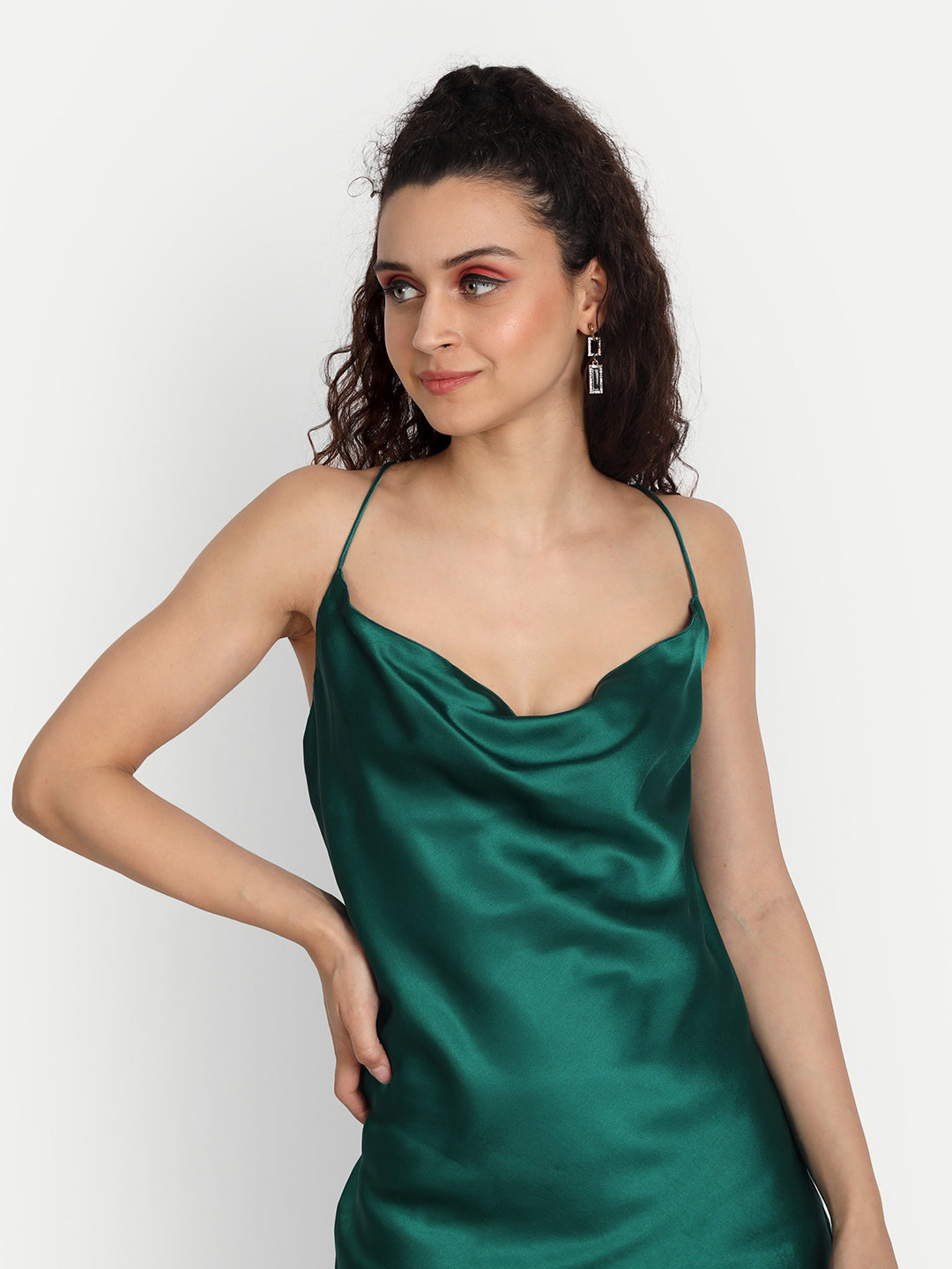 Essque Women Green Satin Solid Cowl Neck Dress - Essque Attire With Attitude