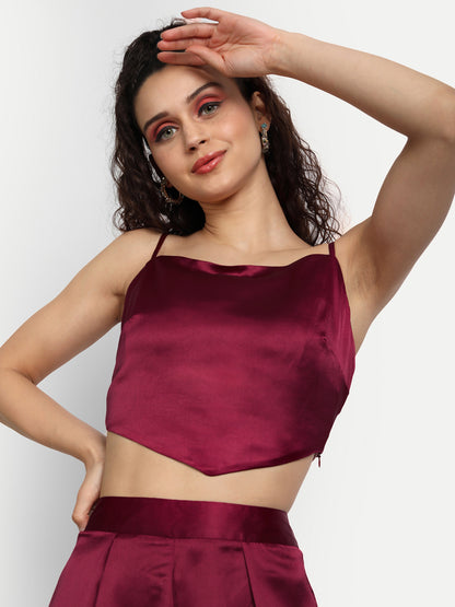 Essque Maroon Solid Satin Stylish Co-Ord Set - Essque Attire With Attitude