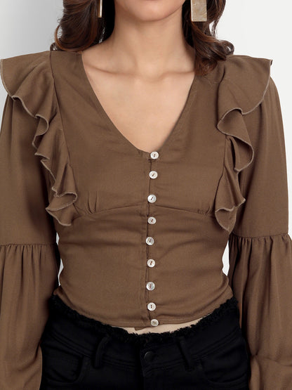 Essque Brown Front Button V-Neck Ruffle Top - Essque Attire With Attitude