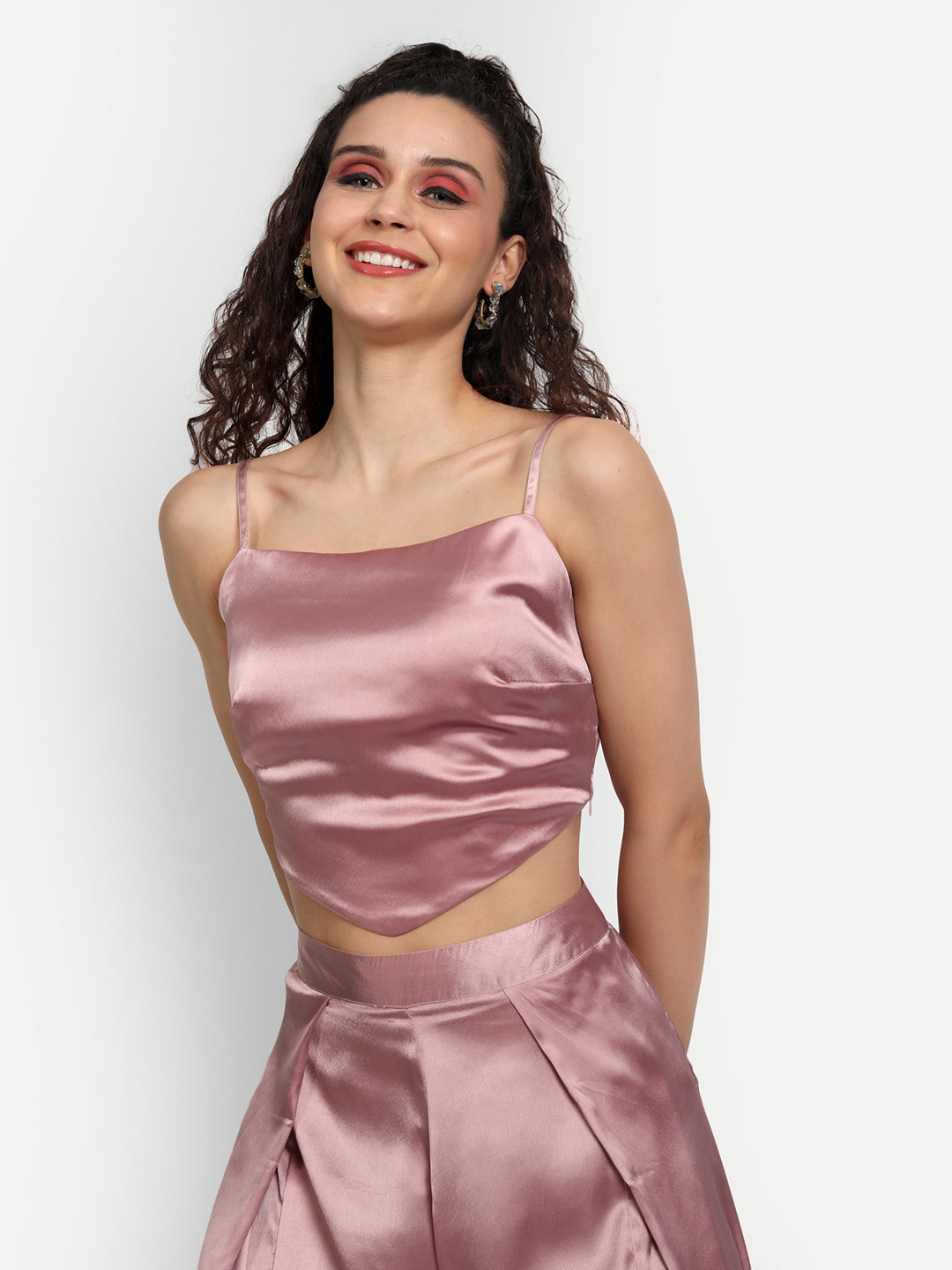 Essque Pink Solid Satin Stylish Co-Ords Set - Essque Attire With Attitude