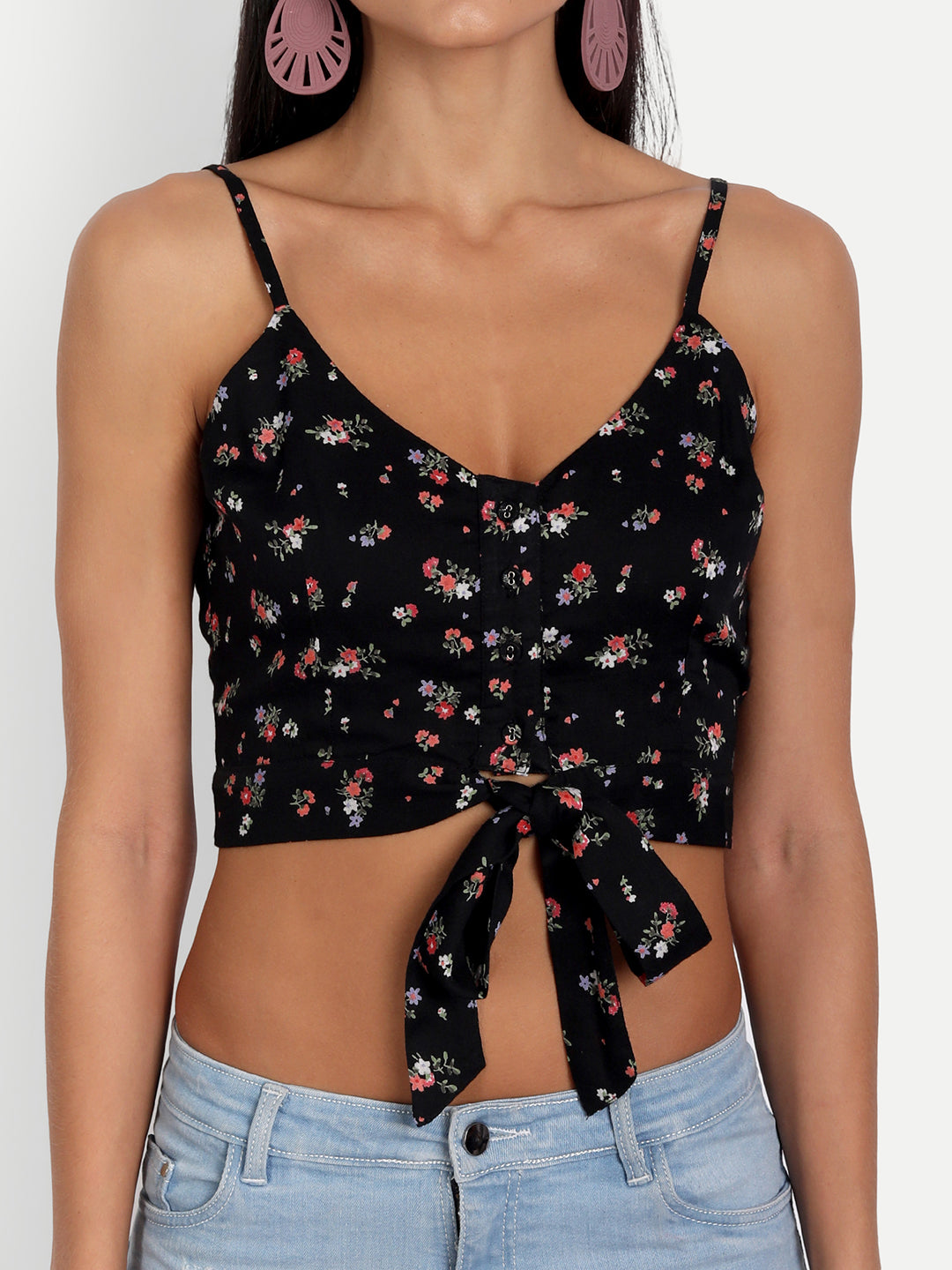 Essque Black Floral Print Front Button Crop Top - Essque Attire With Attitude