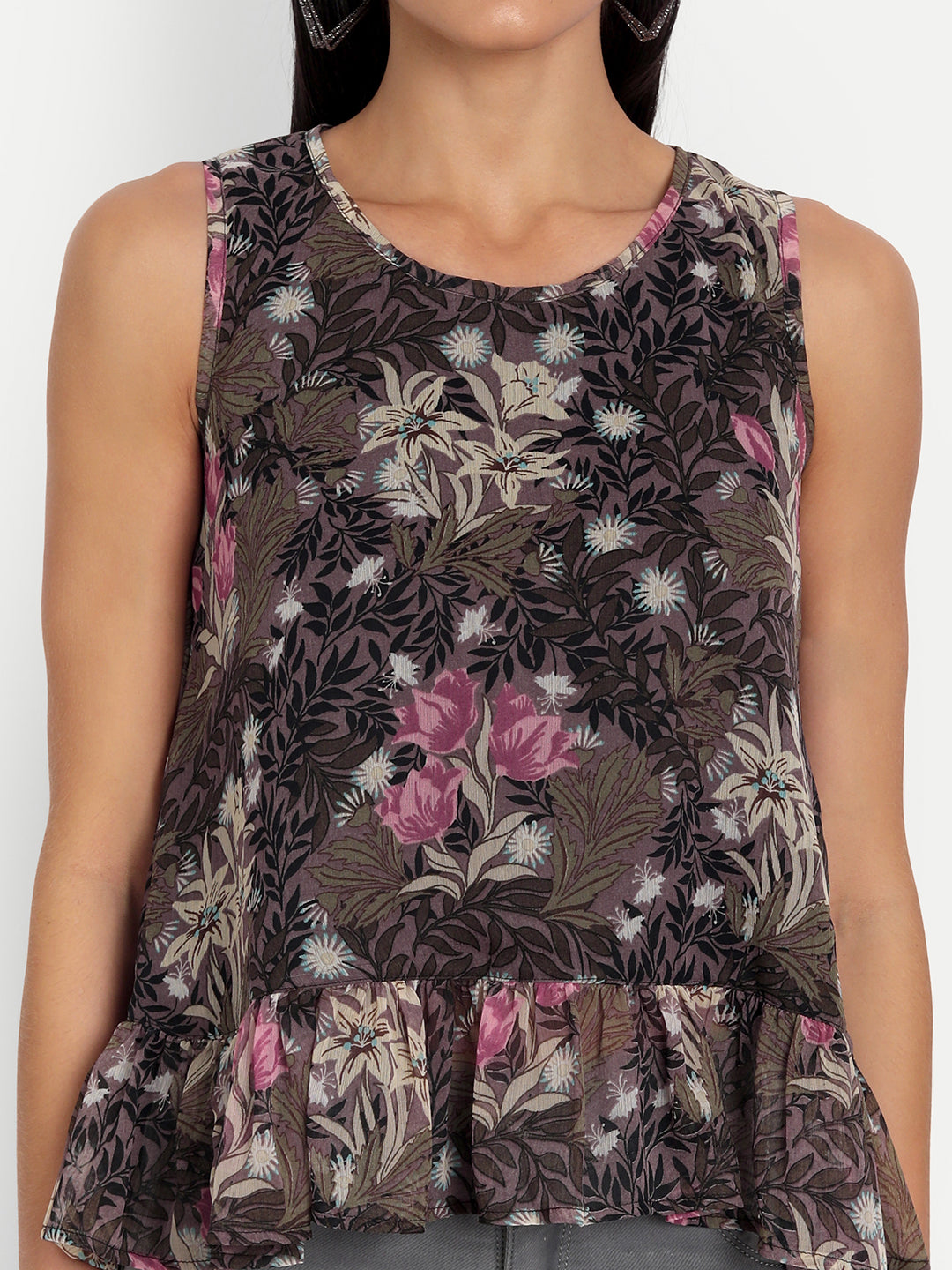 Essque Brown Multi Floral Print Sleeveless Ruffle Top - Essque Attire With Attitude