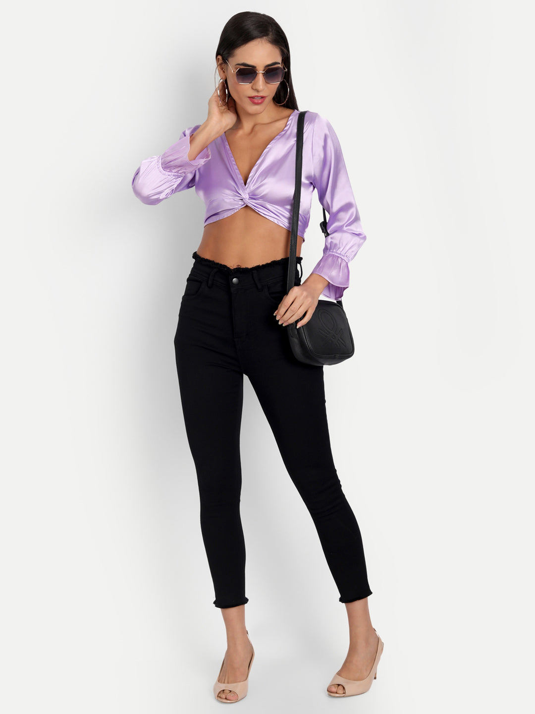 Essque Women Lavender Satin Solid Front Twist Top - Essque Attire With Attitude