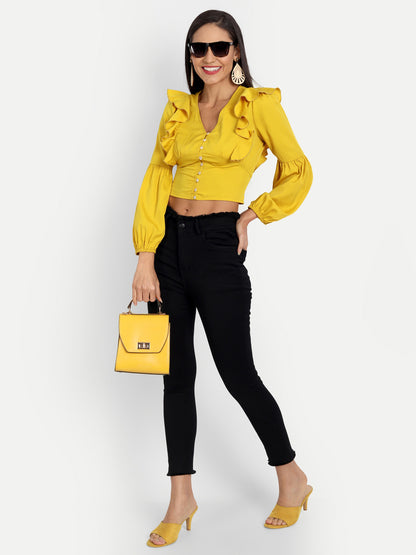 Essque Mustard Front Button V-Neck Ruffle Top - Essque Attire With Attitude