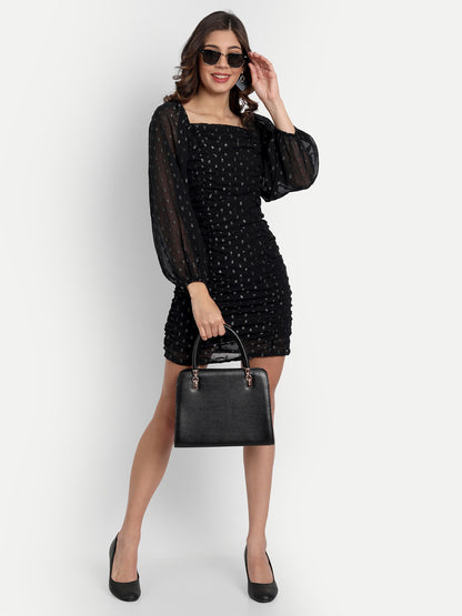 Essque Black Lurex Swiss Dot Front Gathered Bishop Sleeves Dress - Essque Attire With Attitude