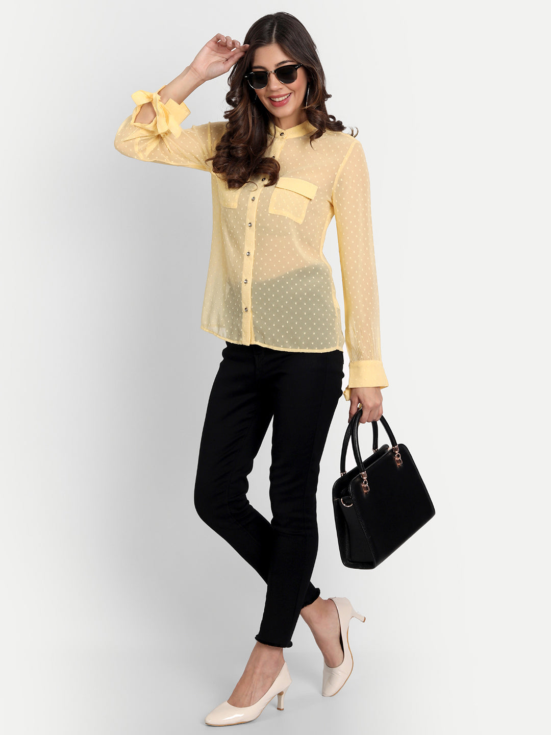 Essque Yellow Swiss Dot Mandarin Collar Shirt - Essque Attire With Attitude