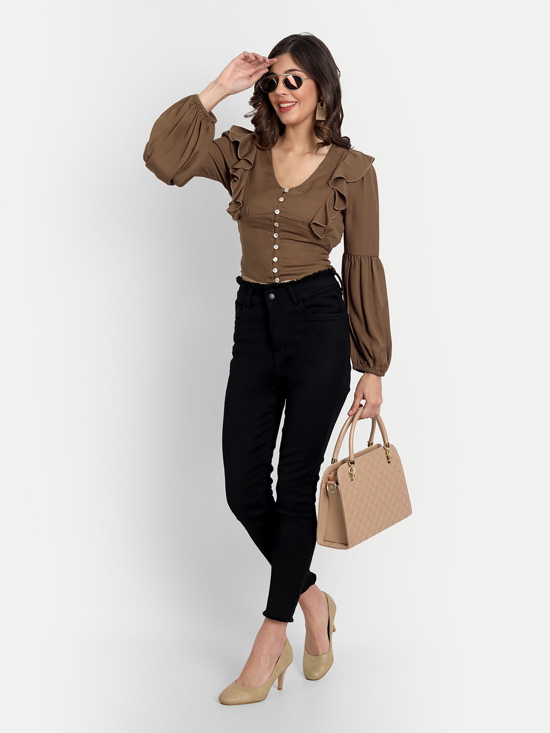 Essque Brown Front Button V-Neck Ruffle Top - Essque Attire With Attitude