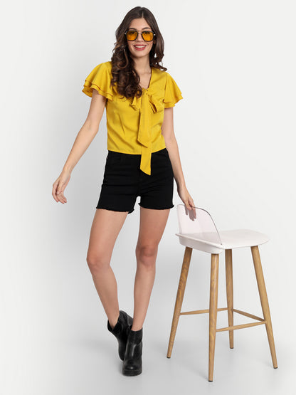 Essque Mustard Neck Tie-up flared sleeve Top - Essque Attire With Attitude