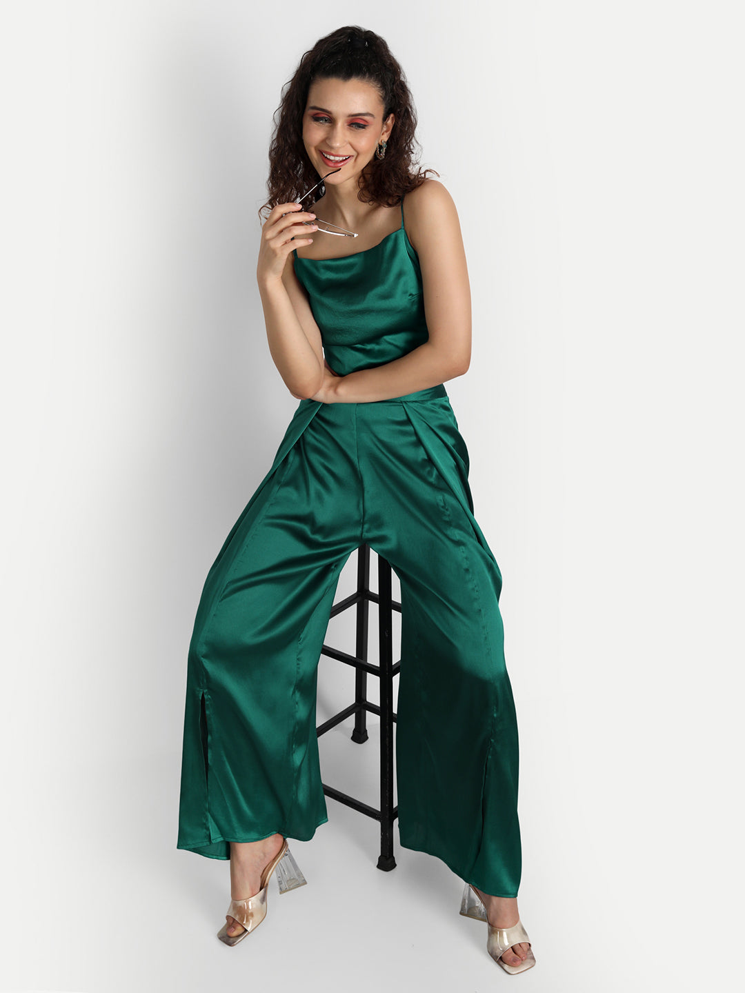 Essque Green Solid Satin Stylish Co-Ord Set - Essque Attire With Attitude