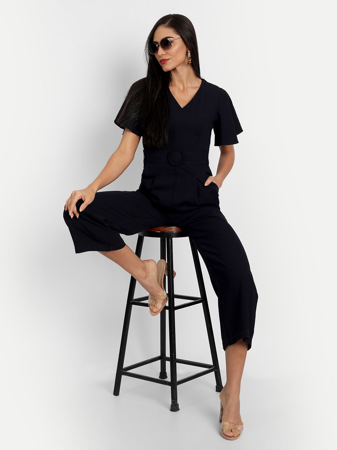 Essque Navy Blue Frill Sleeve Jumpsuit - Essque Attire With Attitude