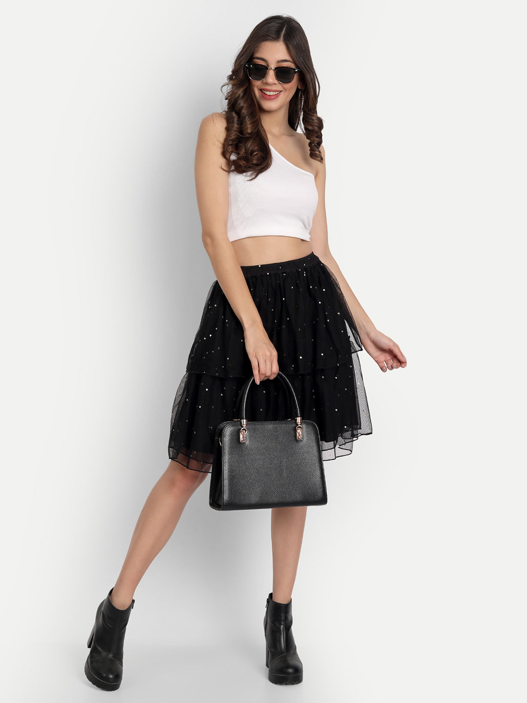 Essque Black Mesh Foil Print Tiers Skirt - Essque Attire With Attitude