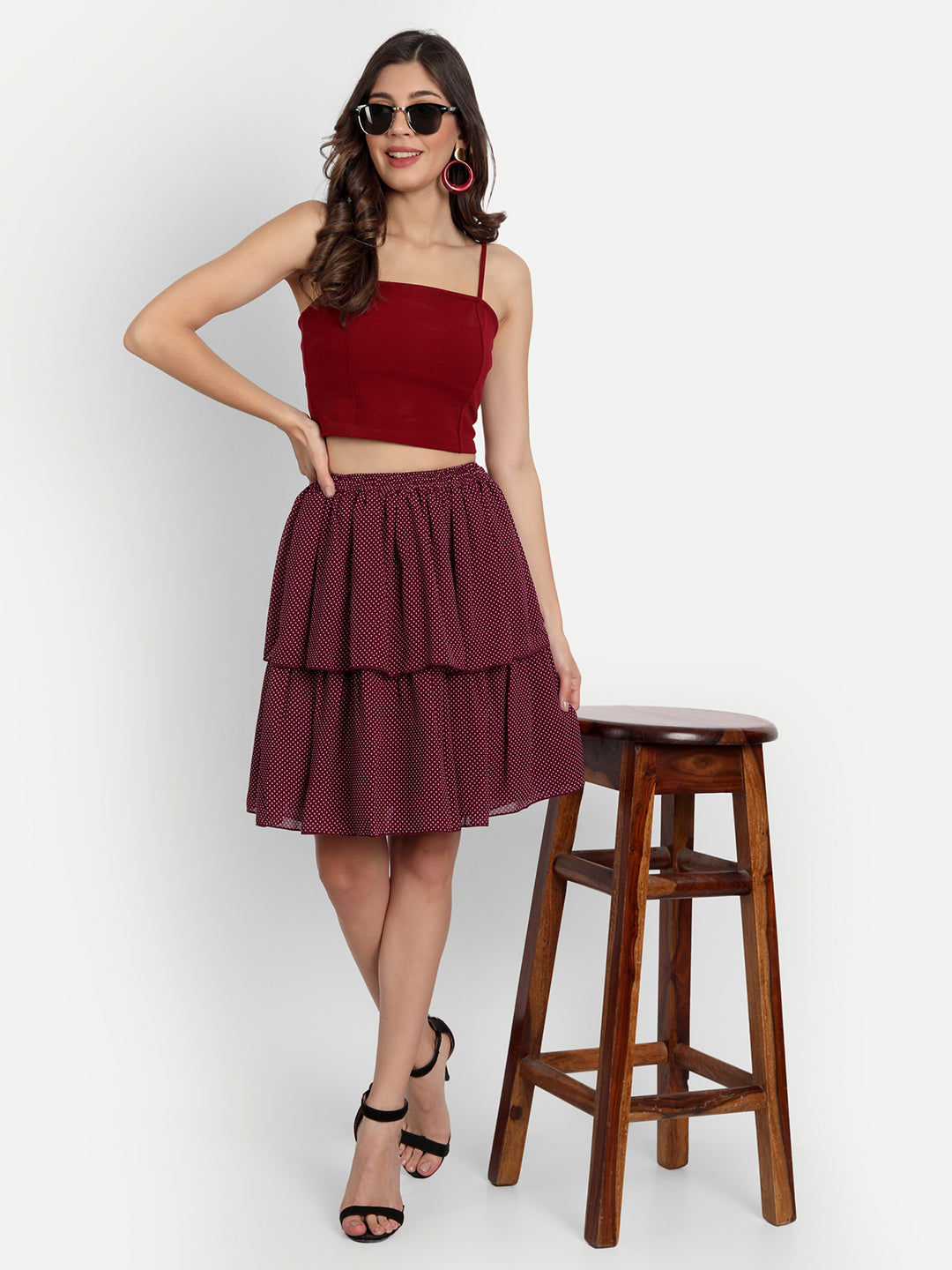 Essque Maroon Polka Dots Tiers Skirt - Essque Attire With Attitude