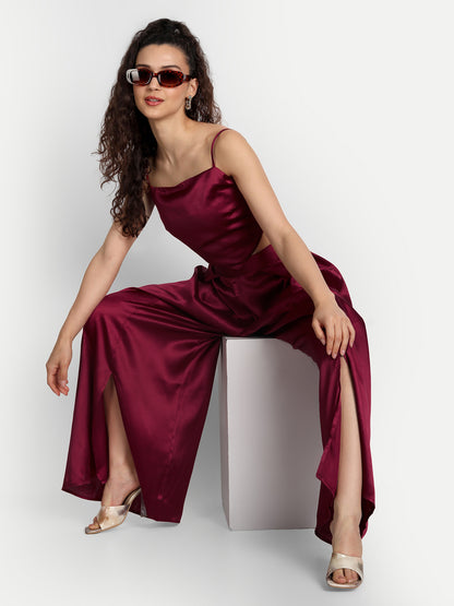 Essque Maroon Solid Satin Stylish Co-Ord Set - Essque Attire With Attitude