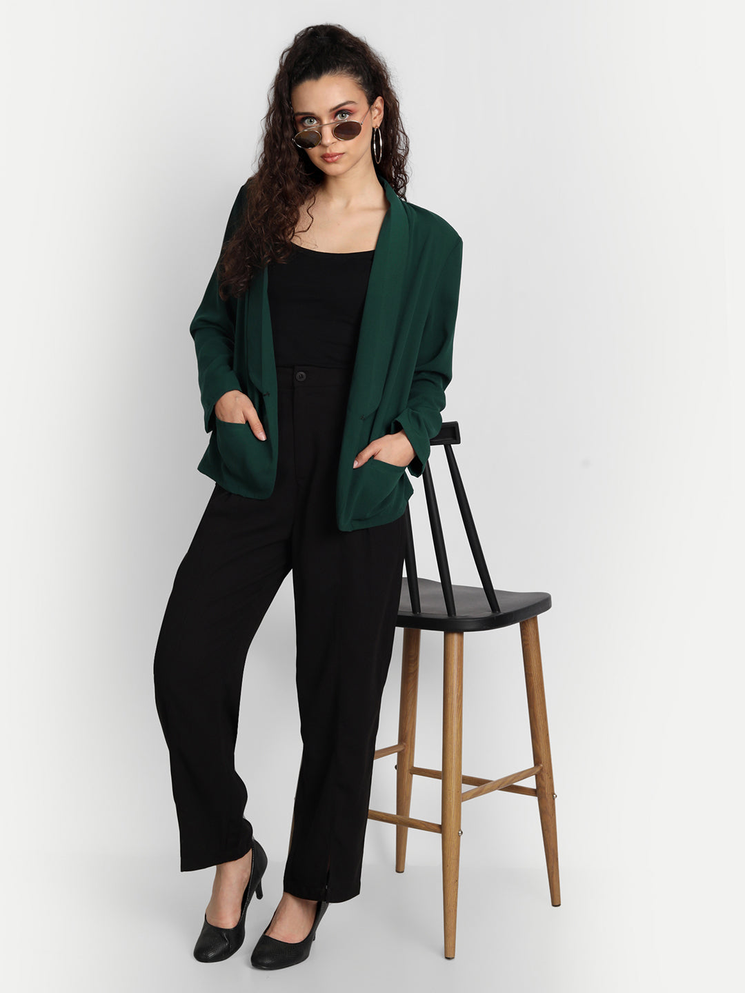 Essque Green Solid Shoulder Padded Blazer - Essque Attire With Attitude