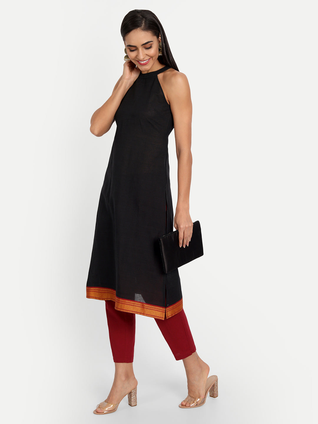 Essque Black Cotton Halter Neck Back Opening Kurta - Essque Attire With Attitude