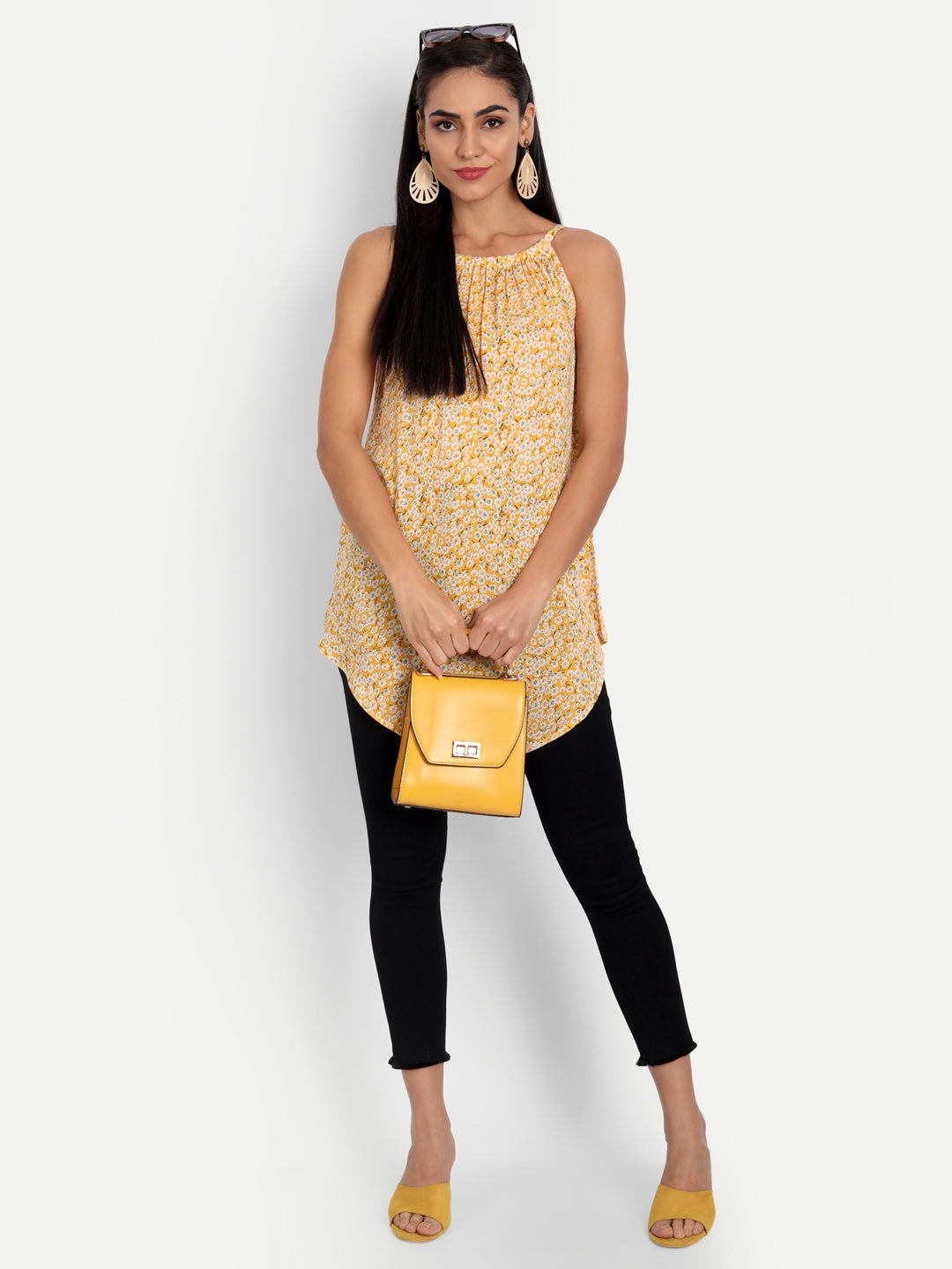 Essque Yellow Printed Halter Neck Asymmetric Top - Essque Attire With Attitude