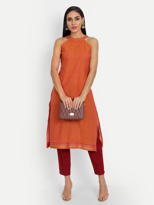 Essque Orange Cotton Halter Neck Back Opening Kurta - Essque Attire With Attitude