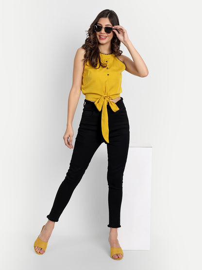 Essque Mustard Solid Hight Neck Waist Tieup Top - Essque Attire With Attitude