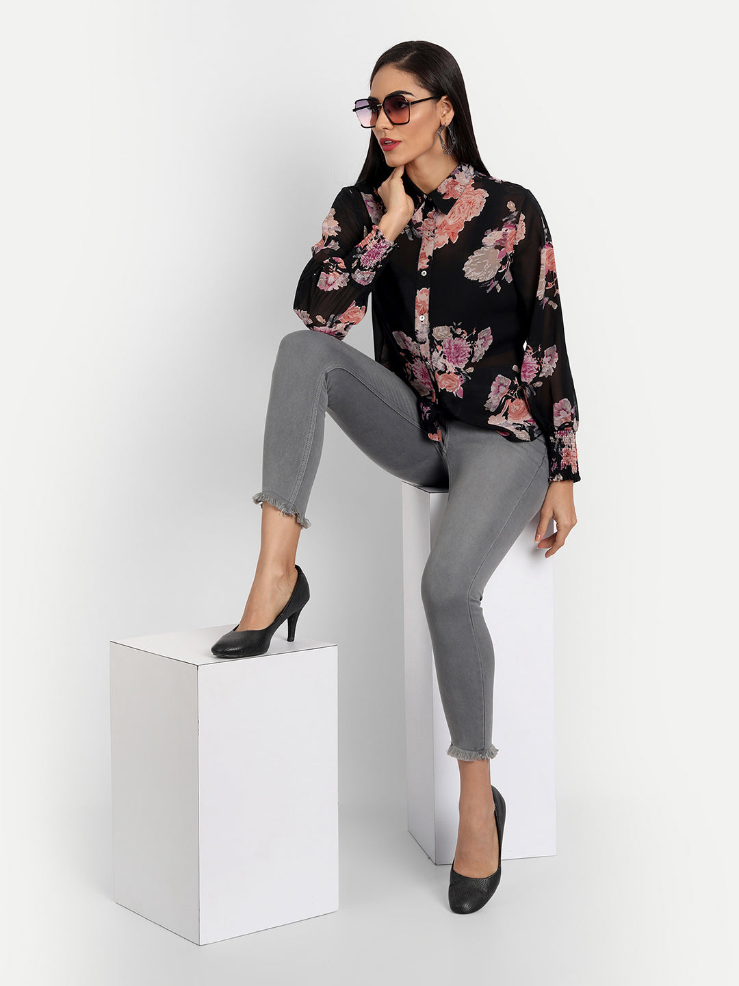 Essque Black Floral Print Consie Bishop Sleeves Shirt - Essque Attire With Attitude