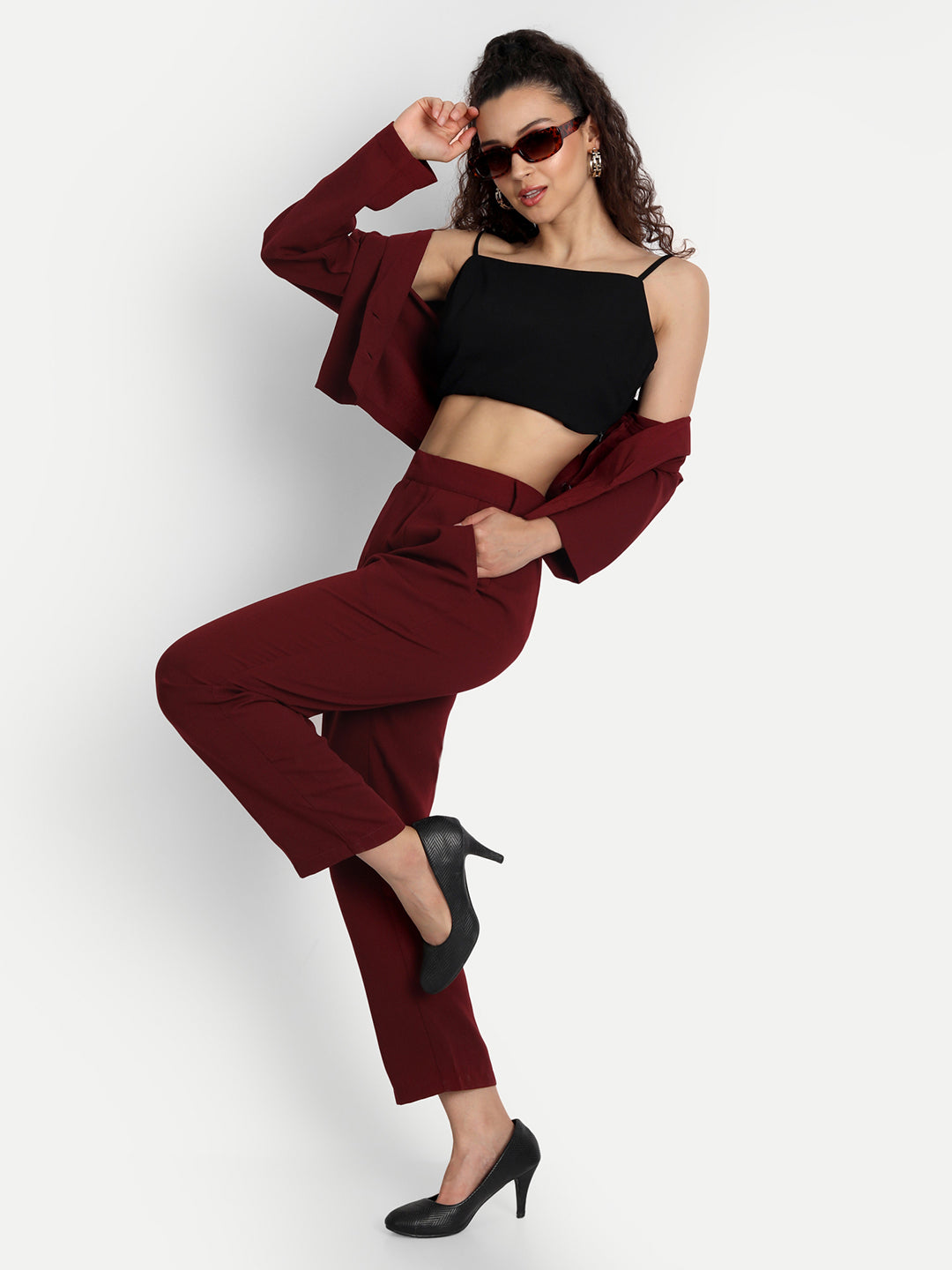 Essque Maroon Solid Jacket Co-Ords Set - Essque Attire With Attitude