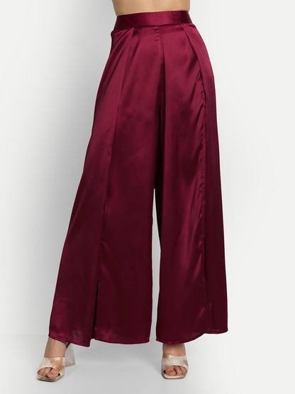 Essque Maroon Solid Satin Stylish Co-Ord Set - Essque Attire With Attitude