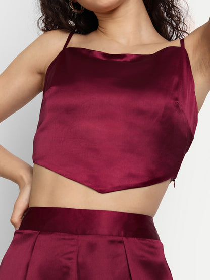 Essque Maroon Solid Satin Stylish Co-Ord Set - Essque Attire With Attitude