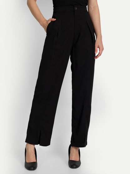 Essque Black Solid Women Front Hemline Slit Pant - Essque Attire With Attitude