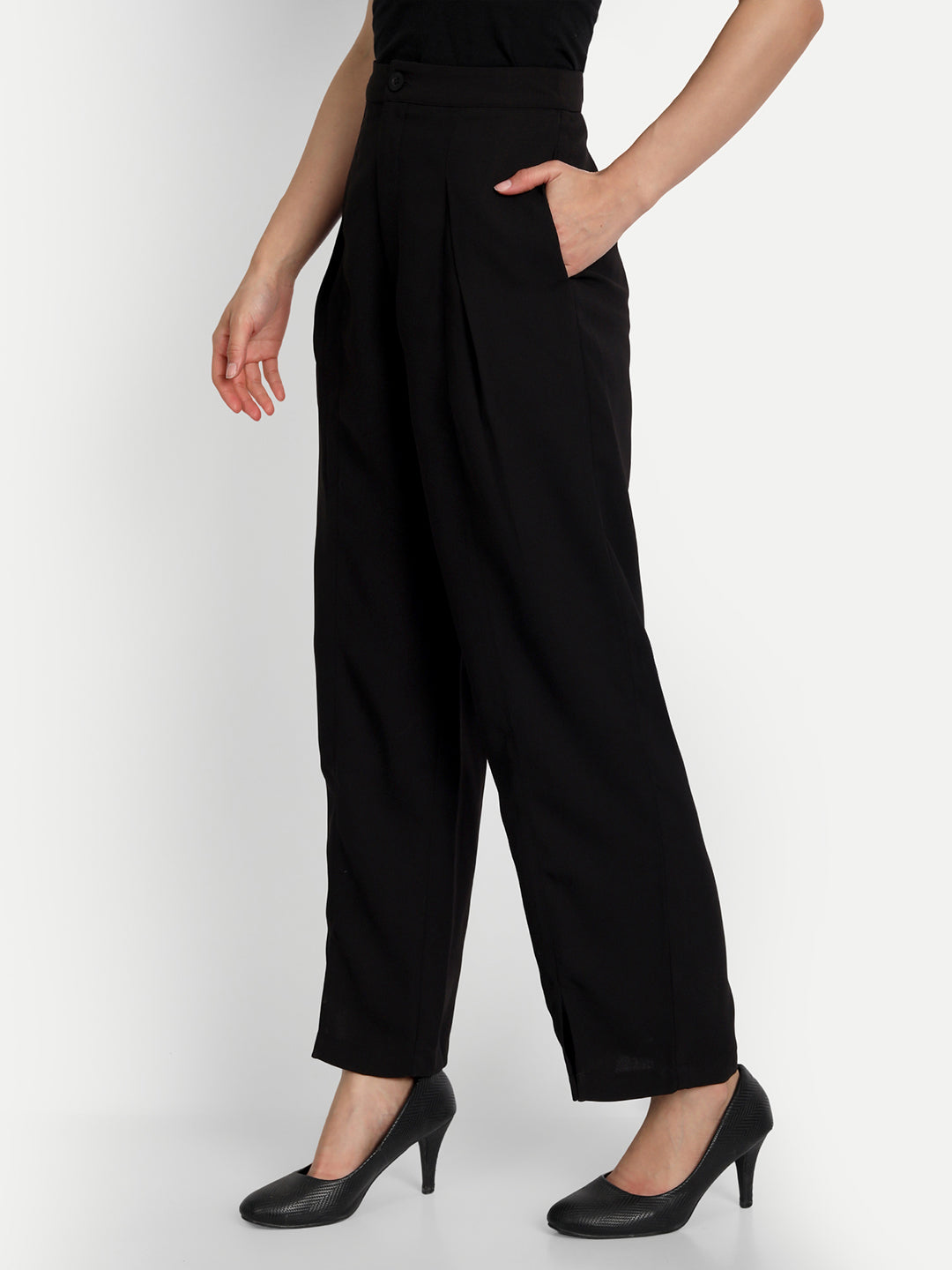 Essque Black Solid Women Front Hemline Slit Pant - Essque Attire With Attitude