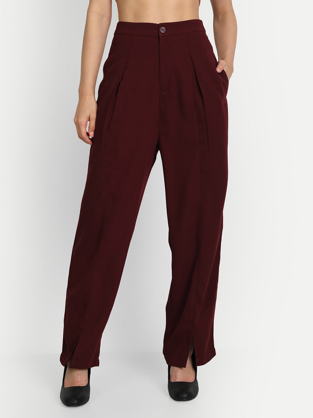 Essque Maroon Solid Women Front Hemline Slit Pant - Essque Attire With Attitude