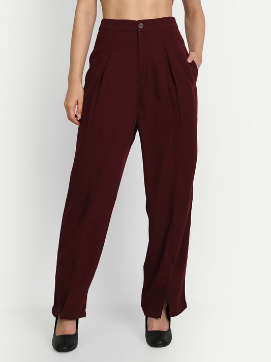 Essque Maroon Solid Women Front Hemline Slit Pant - Essque Attire With Attitude