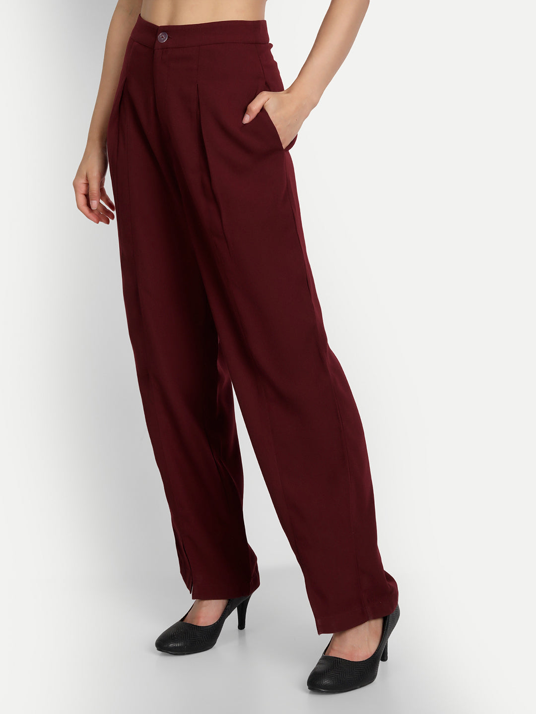 Essque Maroon Solid Women Front Hemline Slit Pant - Essque Attire With Attitude