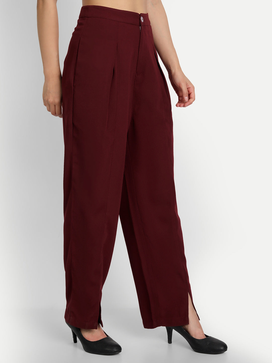 Essque Maroon Solid Women Front Hemline Slit Pant - Essque Attire With Attitude