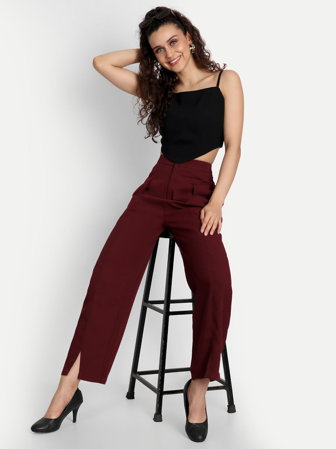 Essque Maroon Solid Women Front Hemline Slit Pant - Essque Attire With Attitude