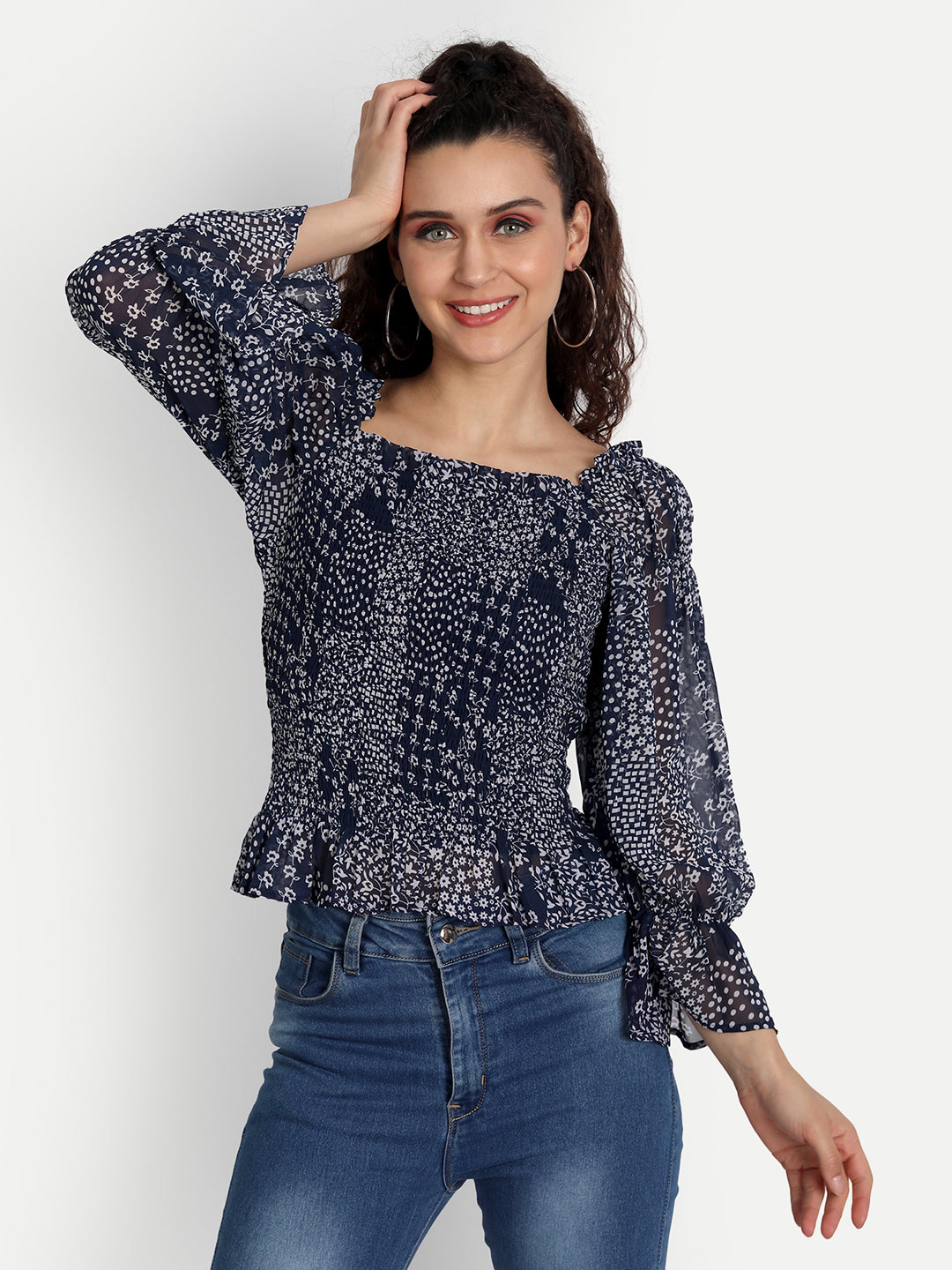 Essque Women Blue Front Smocking Full Sleeve Top - Essque Attire With Attitude