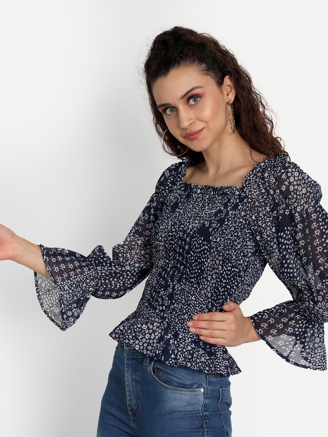 Essque Women Blue Front Smocking Full Sleeve Top - Essque Attire With Attitude