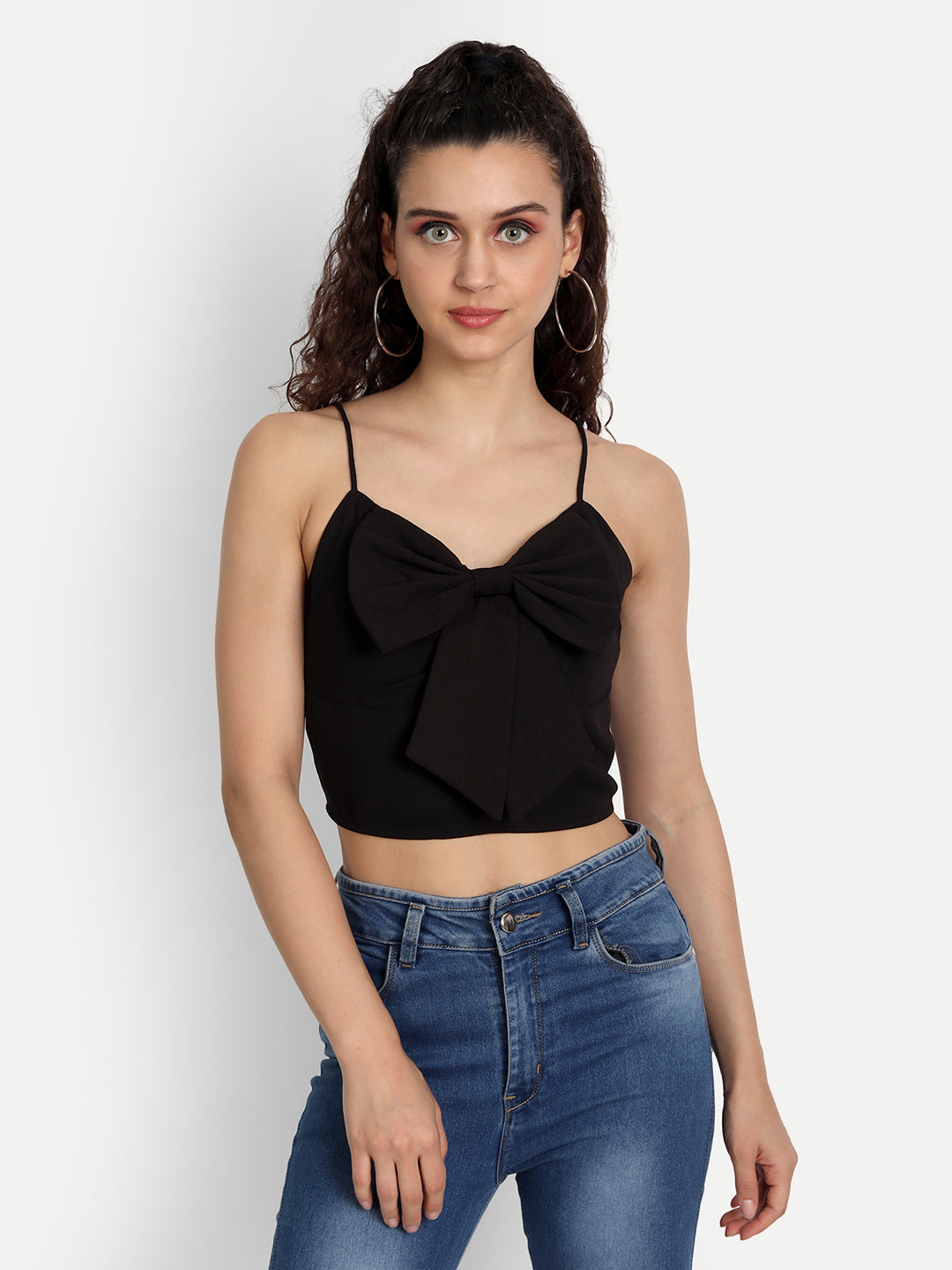 Essque Black Solid Front Bow Detailing Crop Top - Essque Attire With Attitude