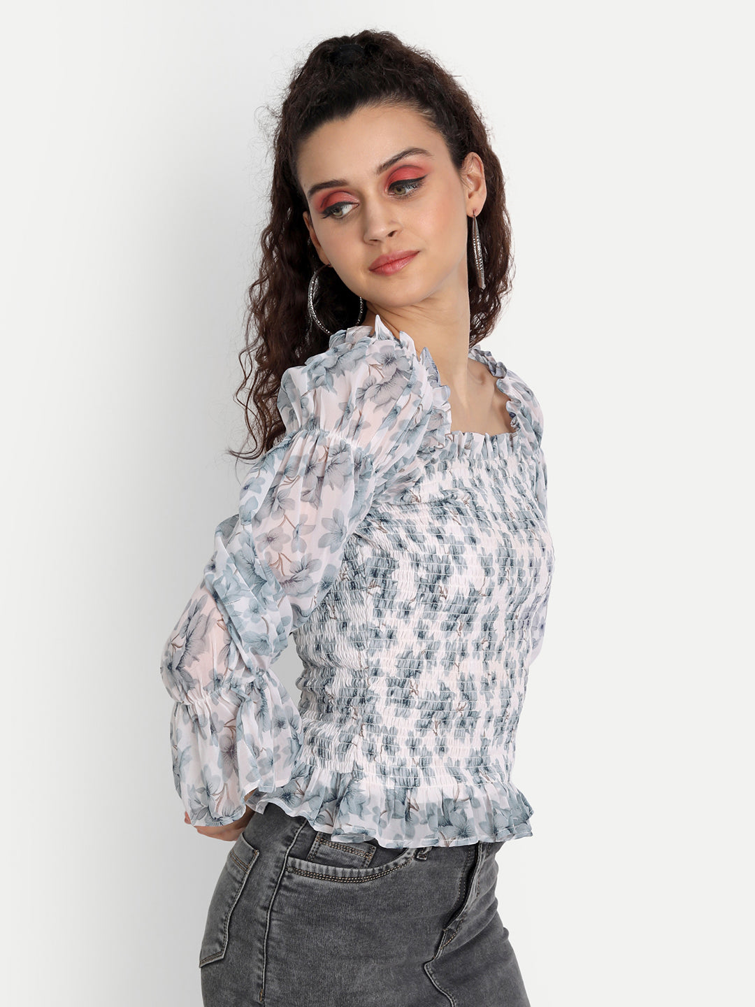 Essque Women White Blue Print Front Smocking Full Sleeve Top - Essque Attire With Attitude