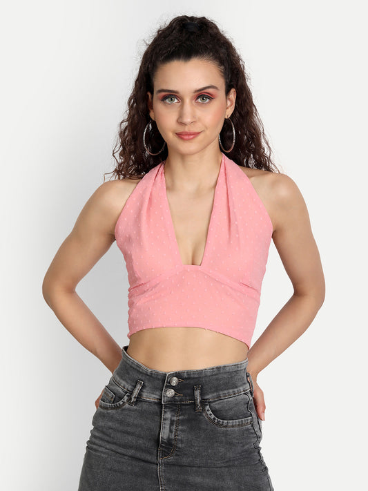 Essque Pink Swiss Dot Back Smocking Neck Tie-Up Tank Top - Essque Attire With Attitude