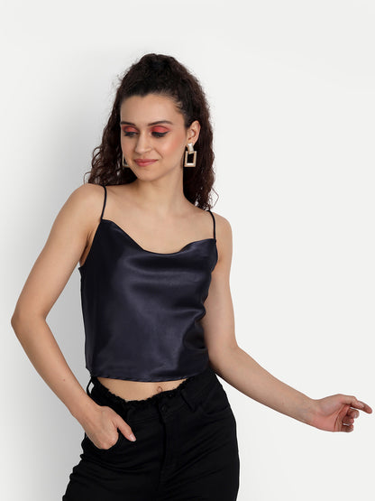 Essque Navy Blue Solid Satin Back Button Detailing Top - Essque Attire With Attitude