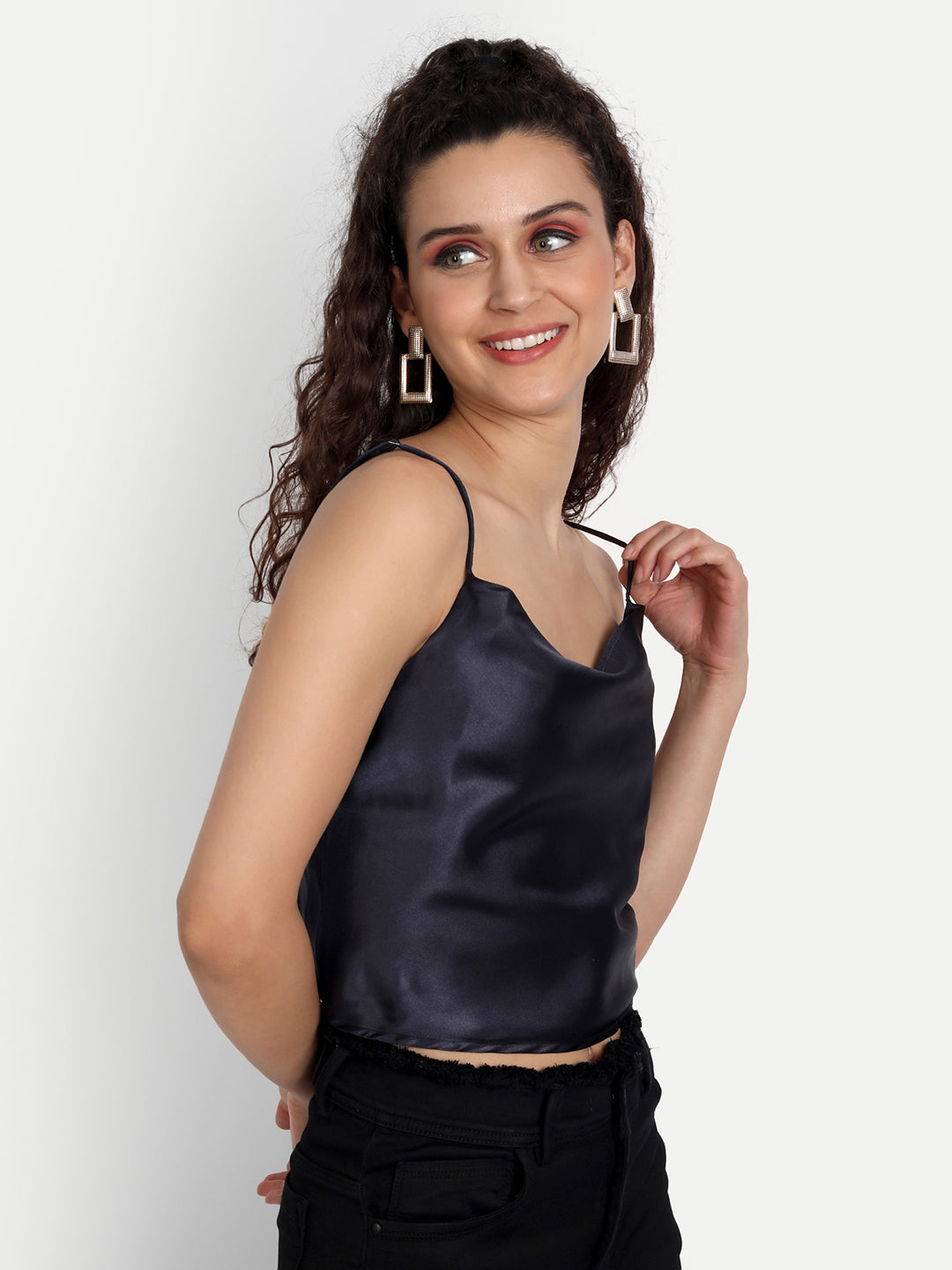 Essque Navy Blue Solid Satin Back Button Detailing Top - Essque Attire With Attitude