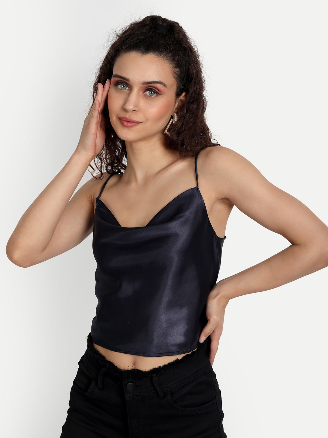 Essque Navy Blue Solid Satin Back Button Detailing Top - Essque Attire With Attitude