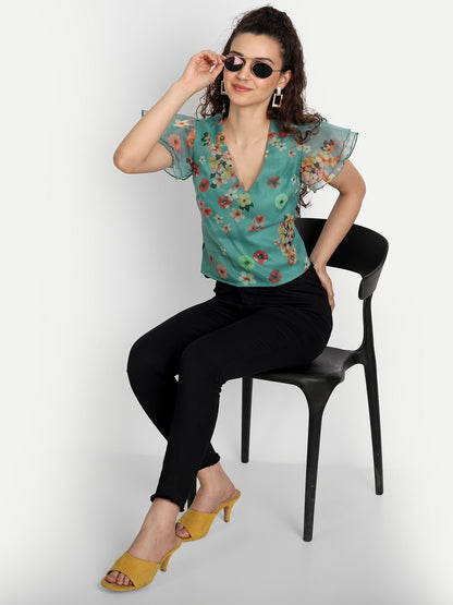 Essque Green Organza Printed Flared Sleeve Top - Essque Attire With Attitude