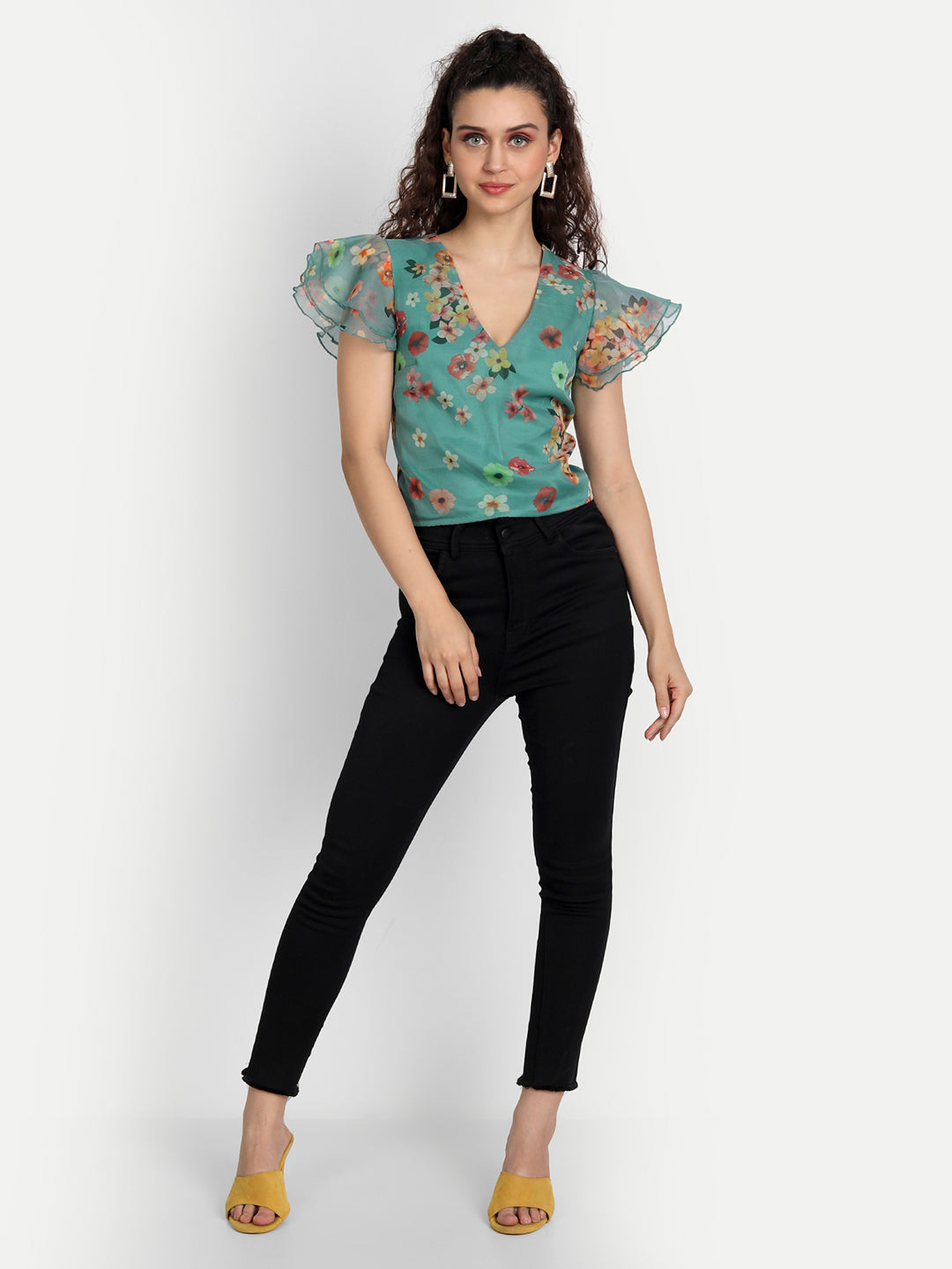 Essque Green Organza Printed Flared Sleeve Top - Essque Attire With Attitude