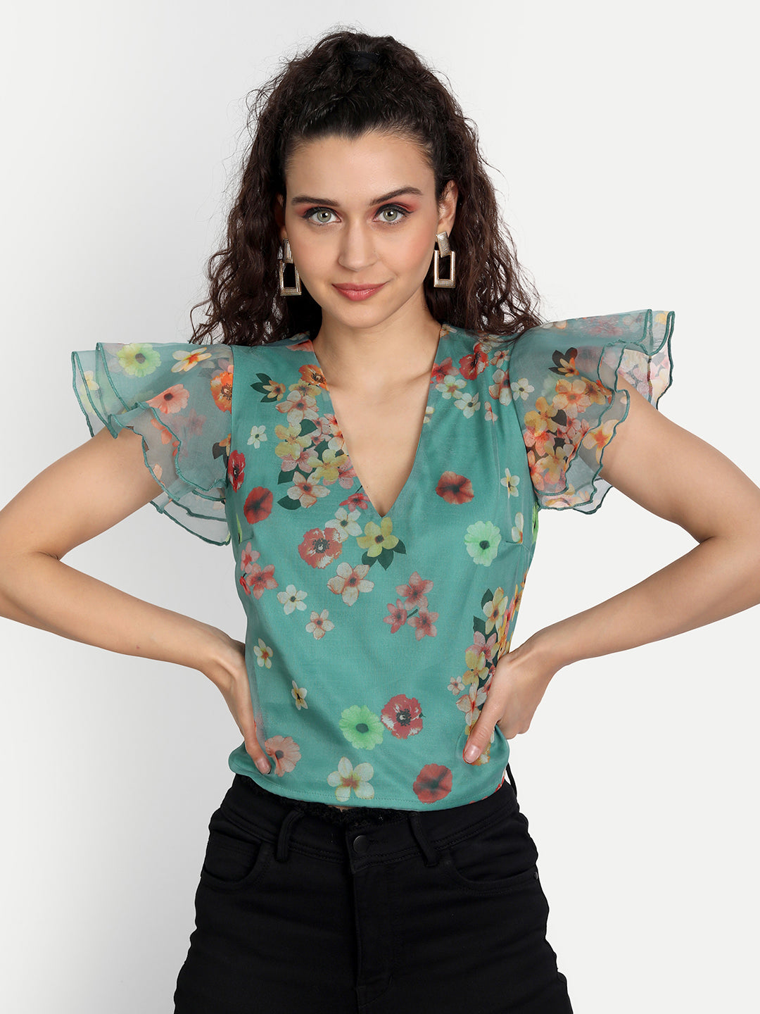 Essque Green Organza Printed Flared Sleeve Top - Essque Attire With Attitude