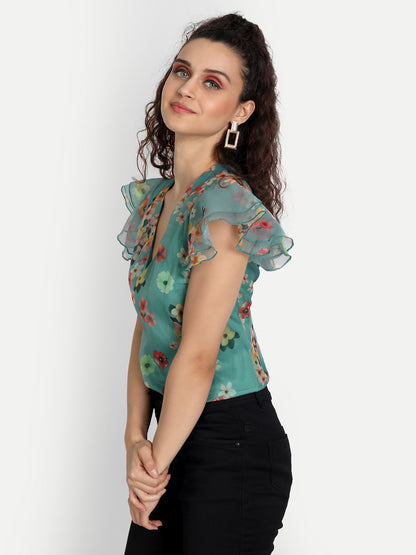 Essque Green Organza Printed Flared Sleeve Top - Essque Attire With Attitude