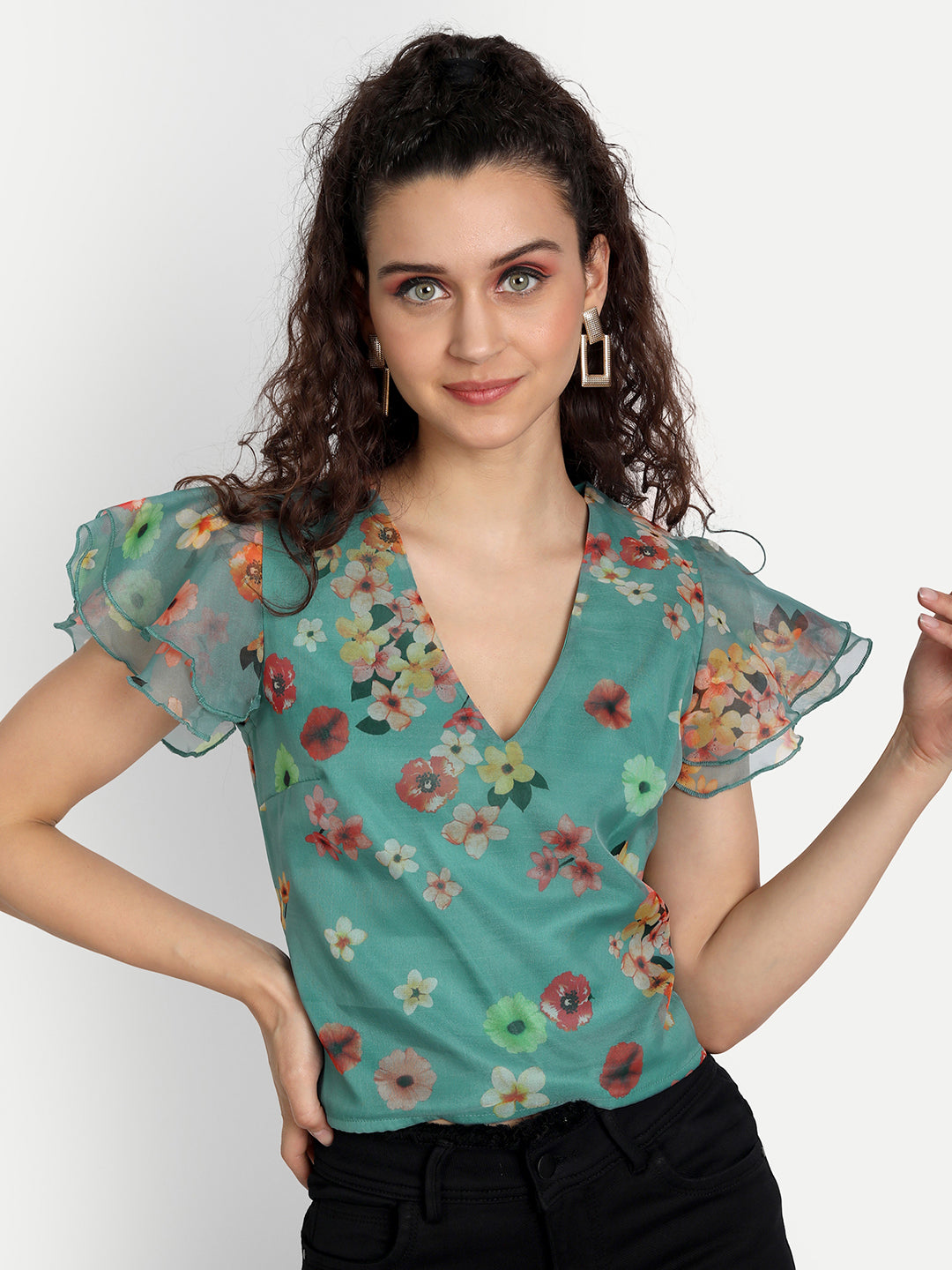 Essque Green Organza Printed Flared Sleeve Top - Essque Attire With Attitude