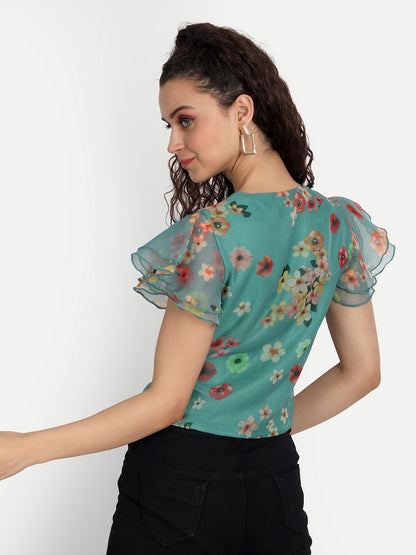 Essque Green Organza Printed Flared Sleeve Top - Essque Attire With Attitude